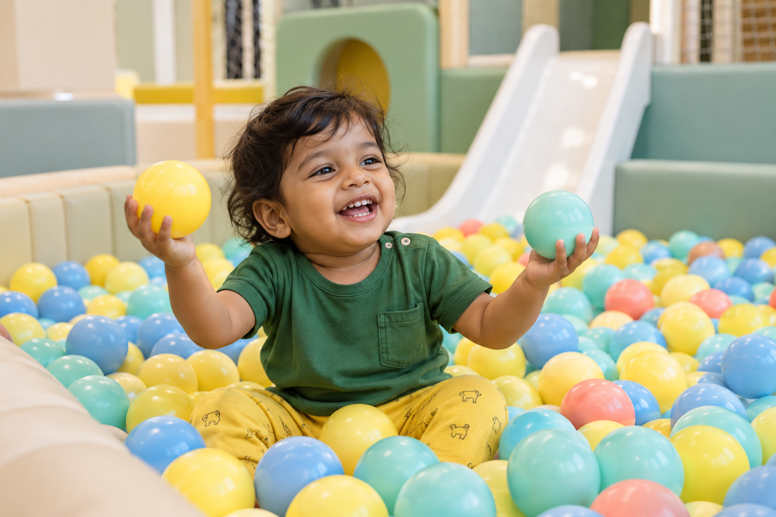 Toddler ball pool 4 Toddler holding colourful balls in a soft play pool