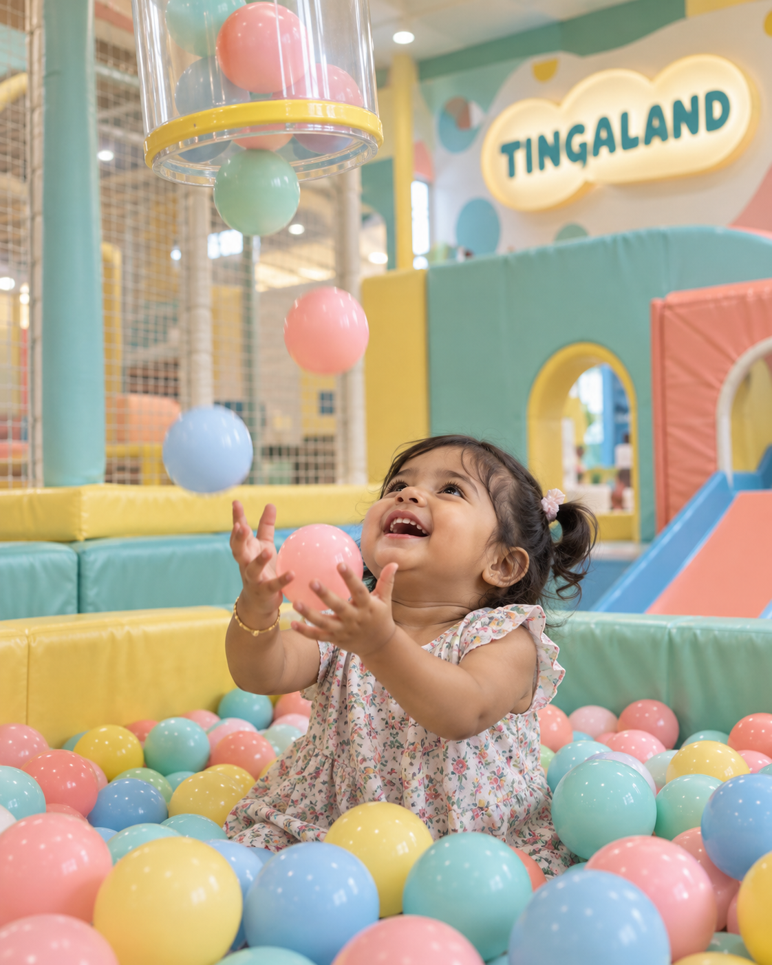 A toddler happily catching soft balls under the tingaland ball shower