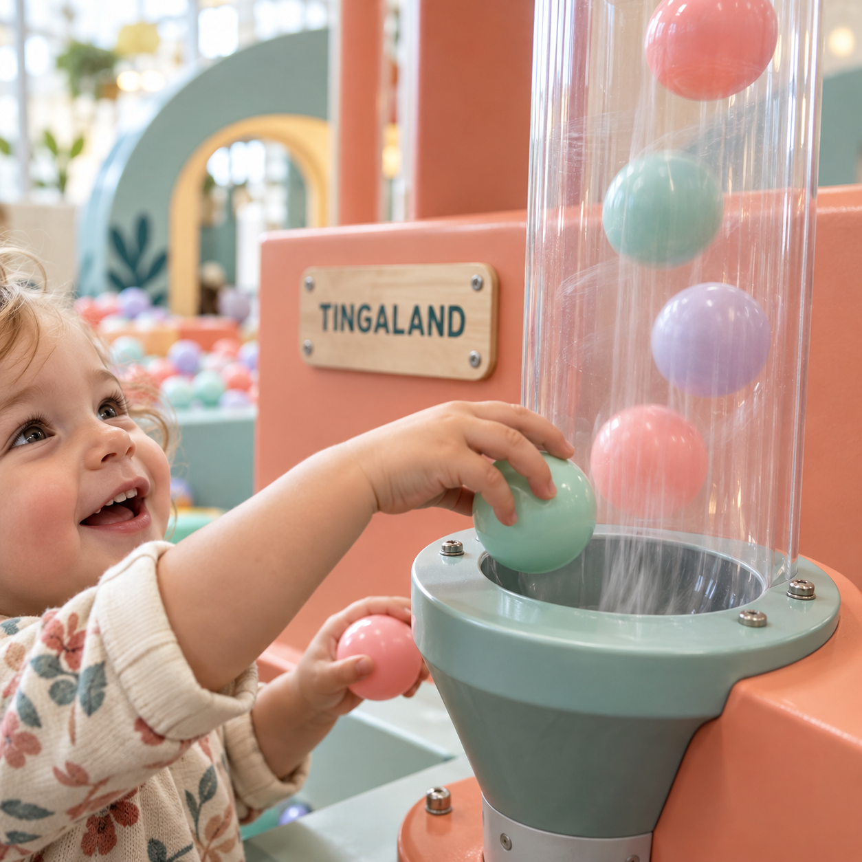 Toddler hands placing a ball into a clear tingaland tube