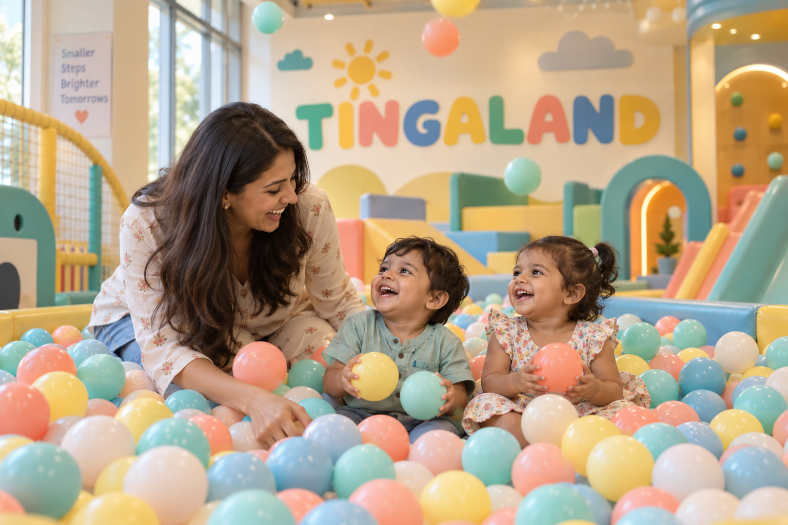 A mother and two toddlers playing beneath the tingaland ball shower
