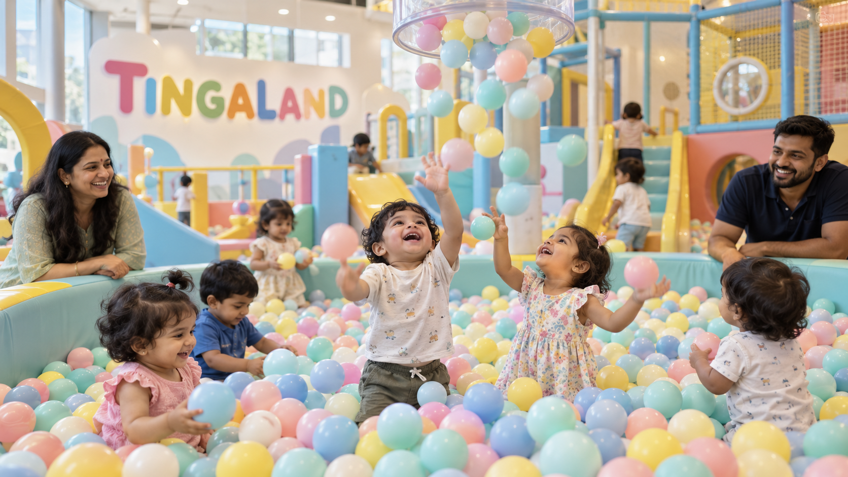 Toddlers and parents enjoying the colourful tingaland ball shower