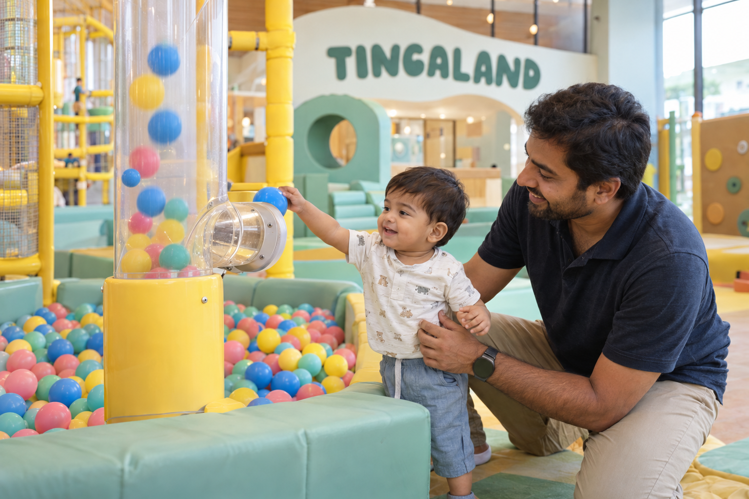 A father helping his toddler explore the tingaland ball shower tube