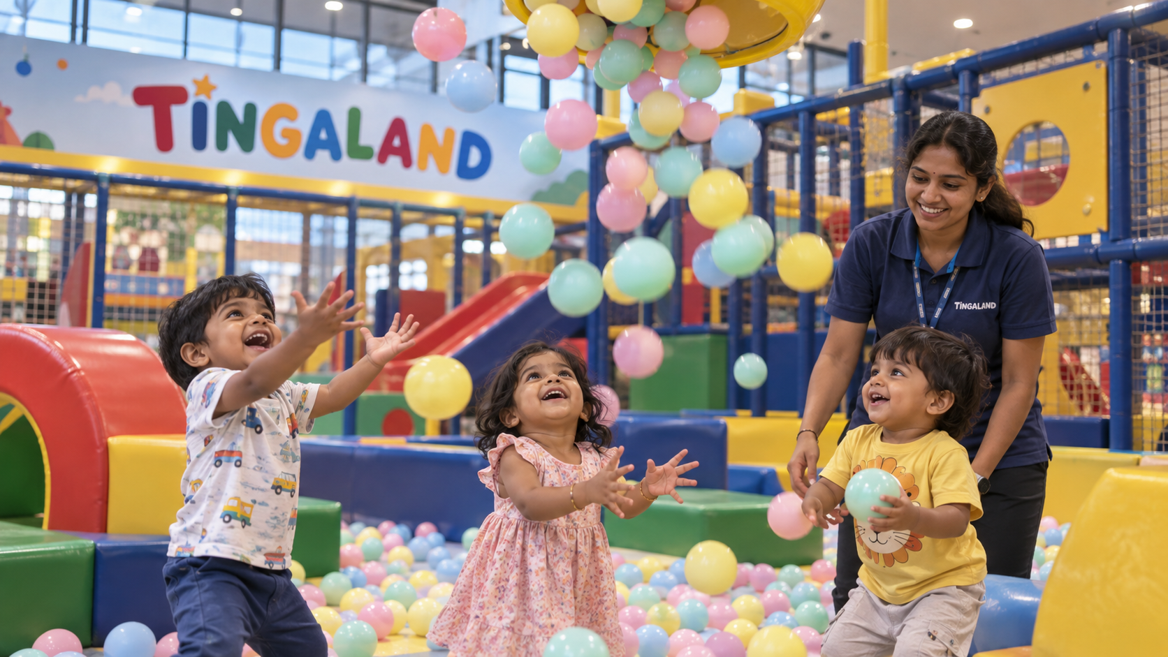 Three toddlers enjoying the tingaland ball shower together
