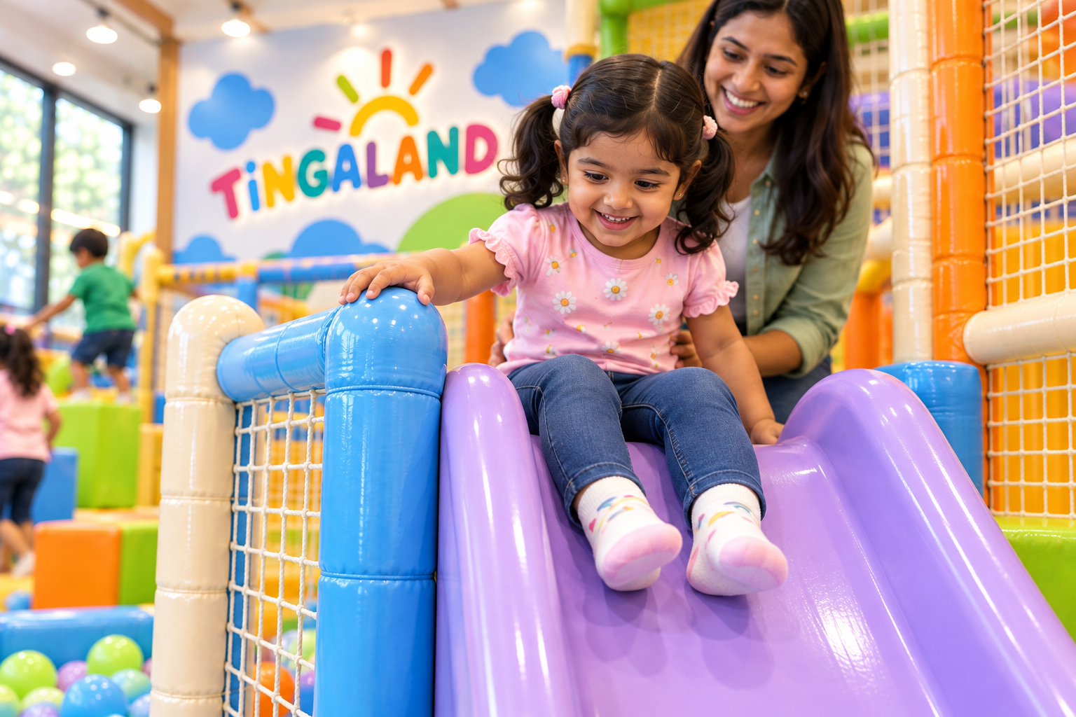 Toddler drop slide 5 A toddler safely holding the padded tingaland slide rail