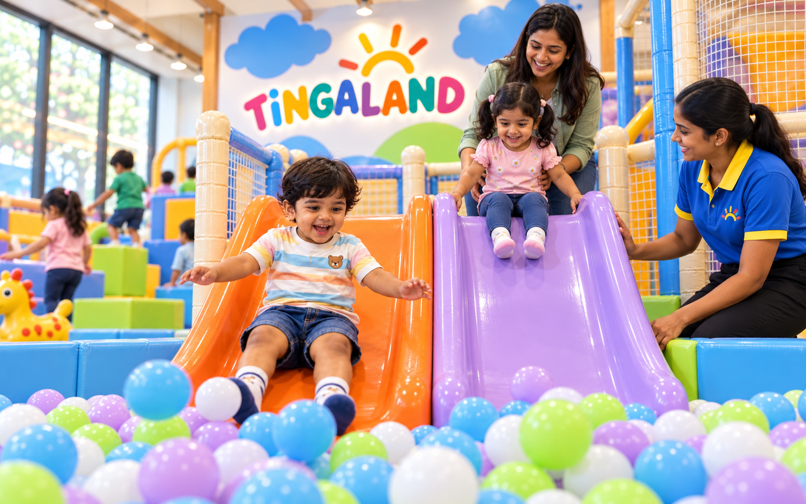 Toddler drop slide 6 Toddlers taking turns on the colourful tingaland twin slide