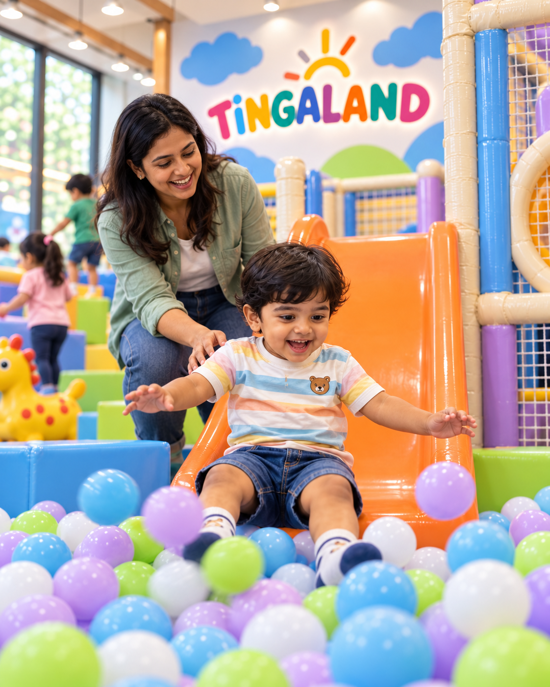 Toddler drop slide 4 A toddler landing happily in soft balls at tingaland
