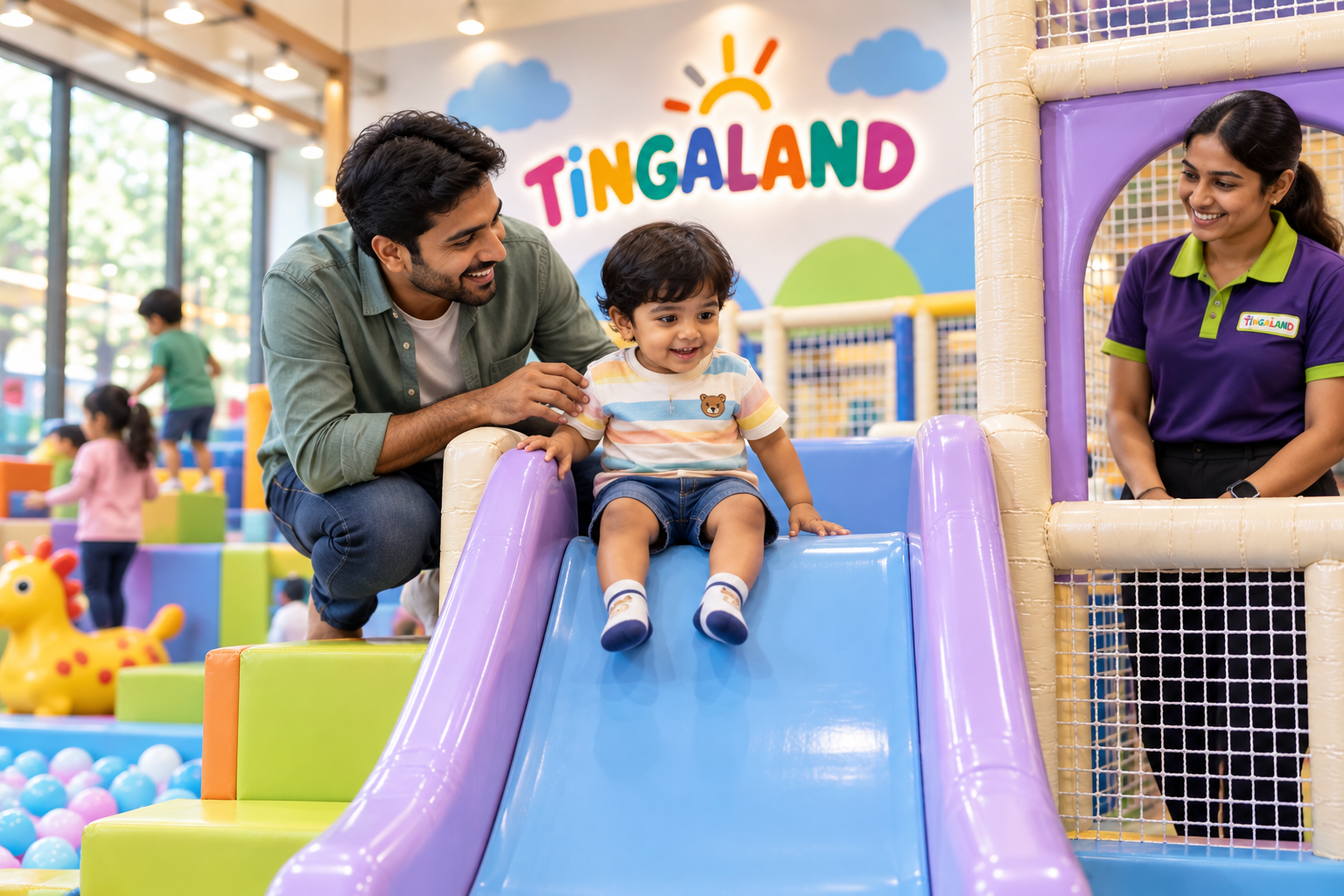 Toddler drop slide 2 A parent encouraging his toddler at the tingaland drop slide