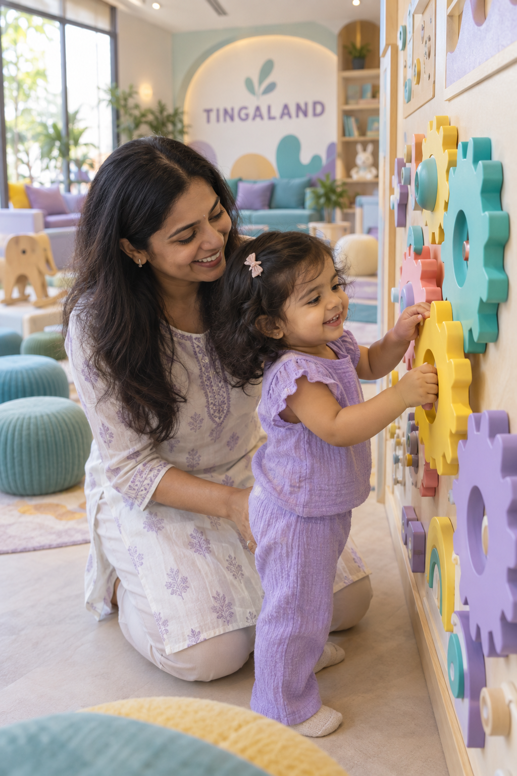 Parent and toddler enjoying gear wall together
