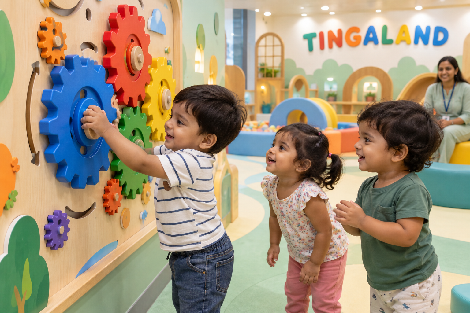 Toddlers watching connected gears move together at tingaland