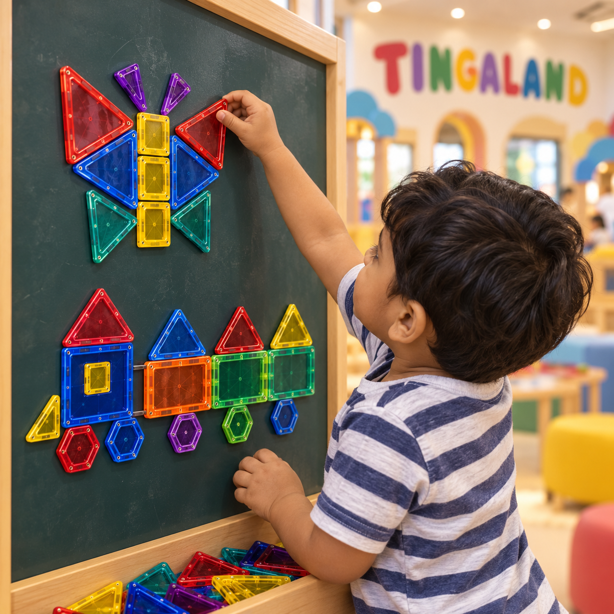 Toddler making a butterfly and train with magnetic shapes