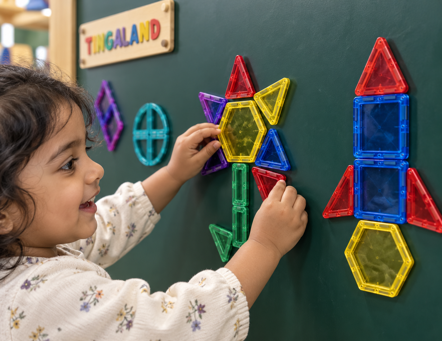 Little hands choosing magnetic shapes at tingaland