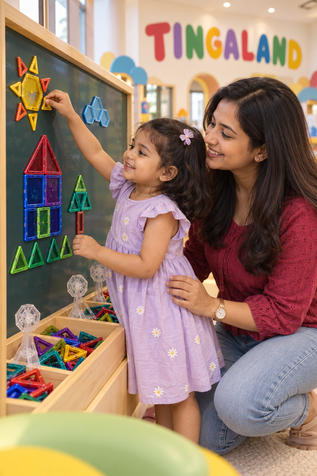 Parent and toddler enjoying magnetic wall play at tingaland