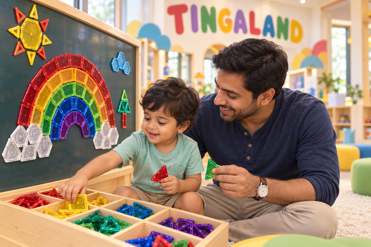Father and toddler building a magnetic rainbow together