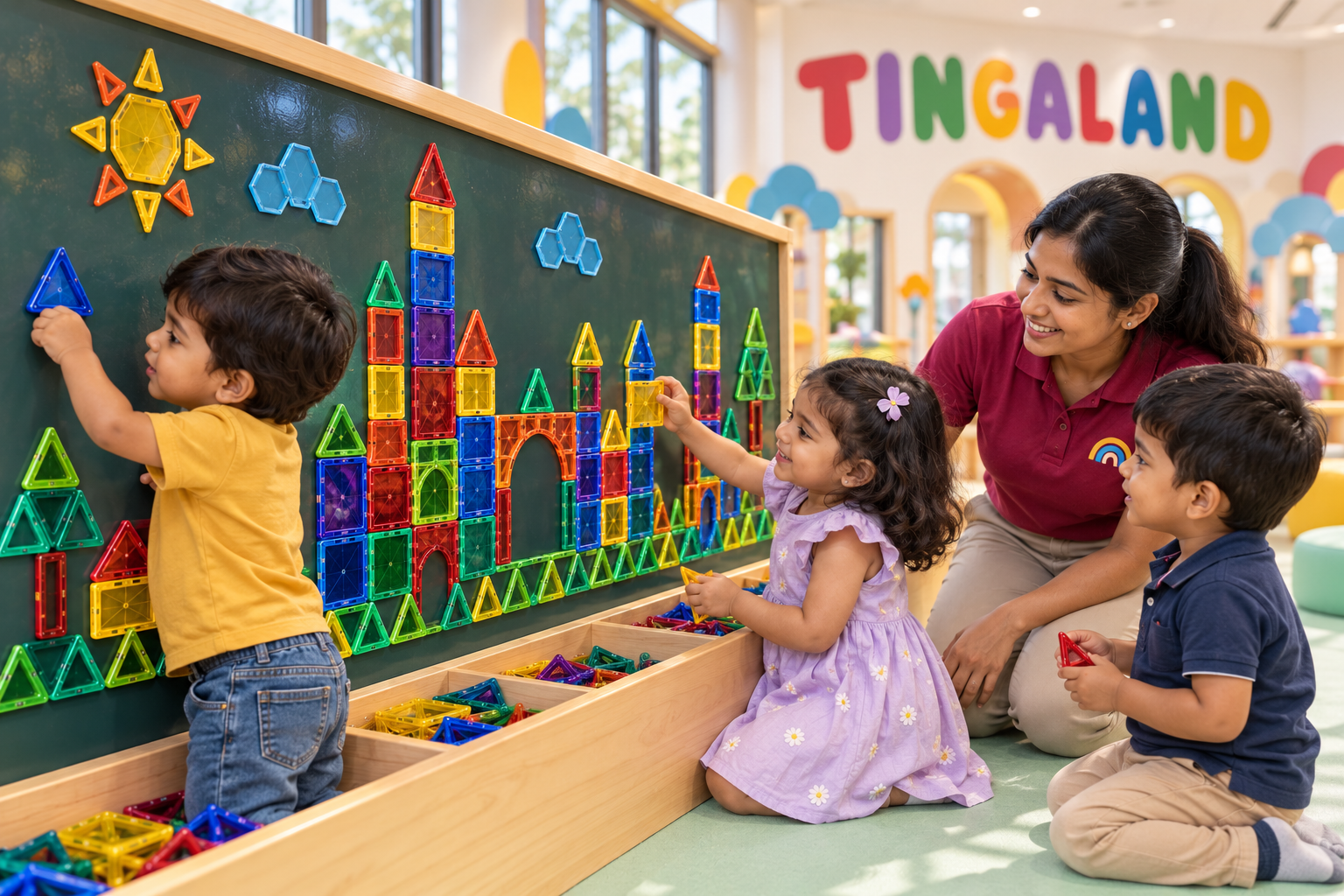 Facilitator and toddlers making a magnetic city at tingaland