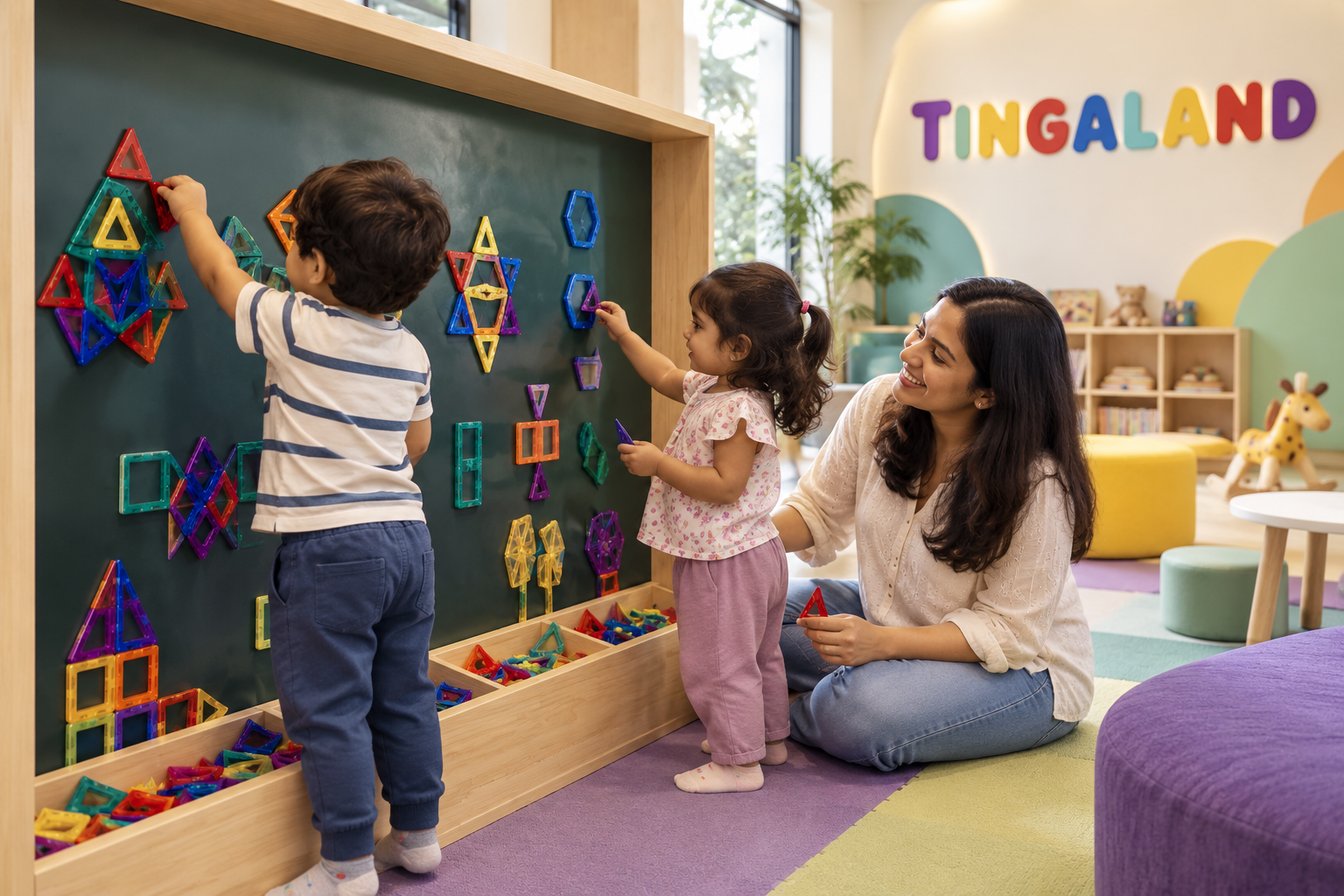 Toddler creating colourful shapes on the tingaland magnetic wall
