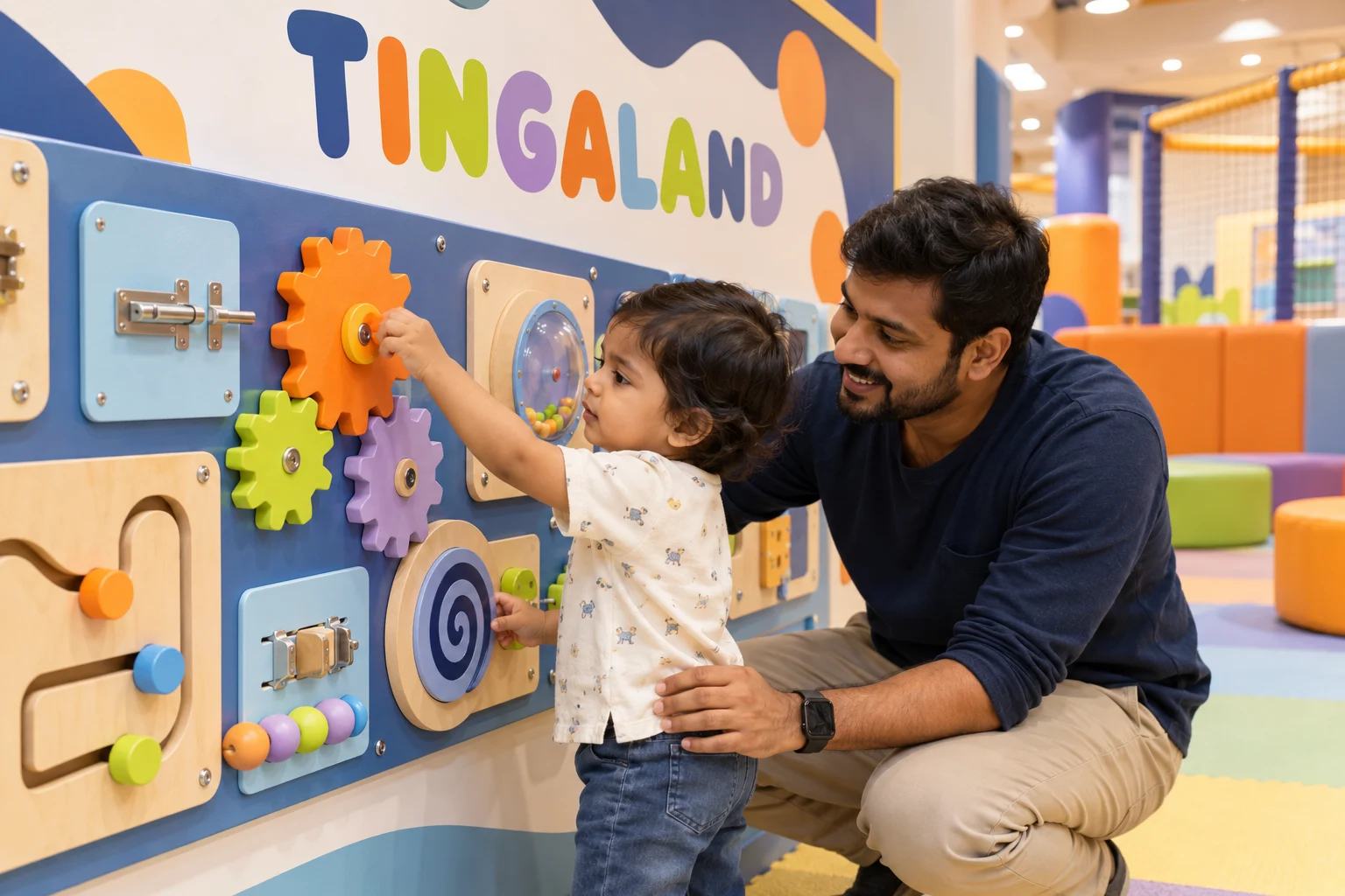 Toddler and father turning gears on tingaland wall games