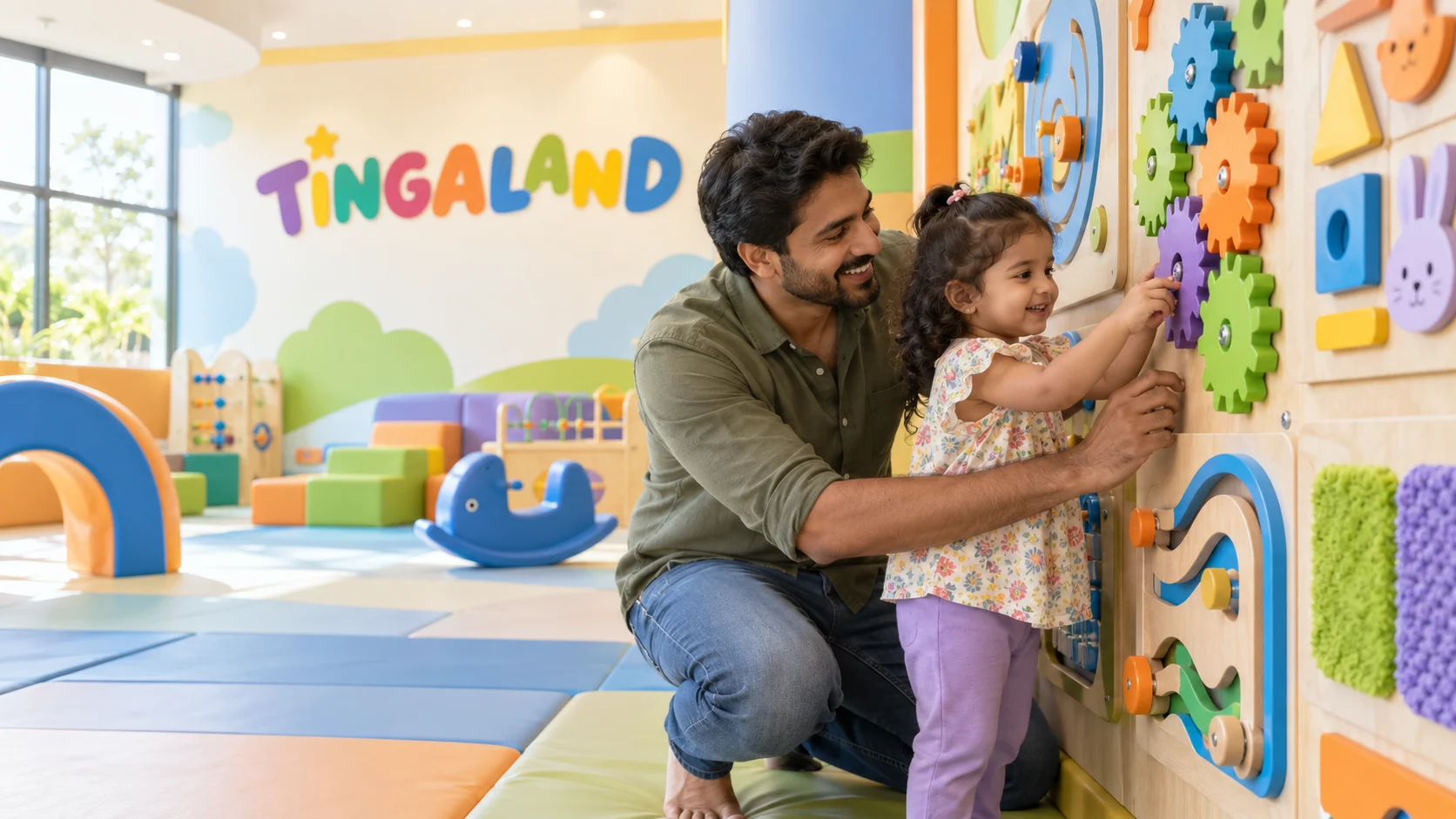 Toddler and father exploring tingaland wall games