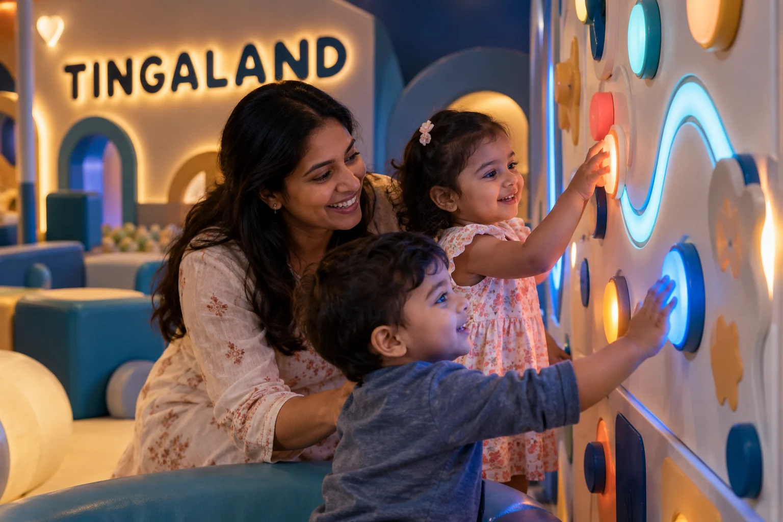 Toddlers and mother playing with illuminated tingaland wall games