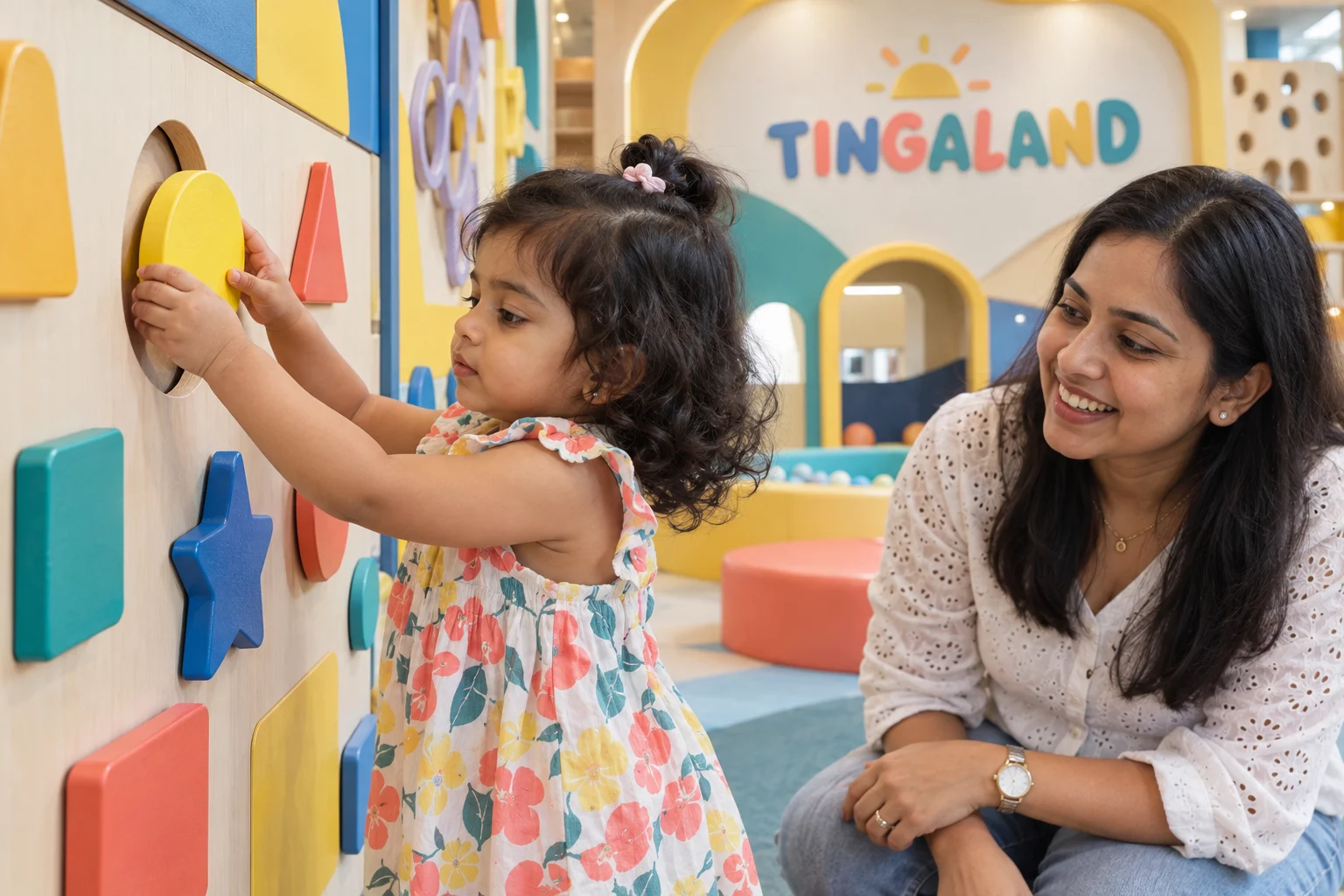 Toddler matching colourful wall shapes at tingaland